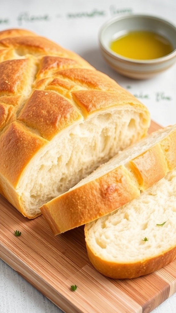 Gluten-Free Psyllium Husk Bread Recipe Sliced gluten-free bread on a wooden cutting board, showcasing its fluffy texture and golden crust.